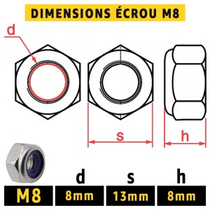Ecrou inox M8 : 50 Pièces Frein Autobloquant Indesserable avec Bague Nylon de Blocage