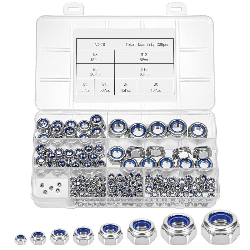 Assortiment d'Écrous de Blocage Autobloquant inox M2、M3、M4、M5、M6、M8、M10、M12