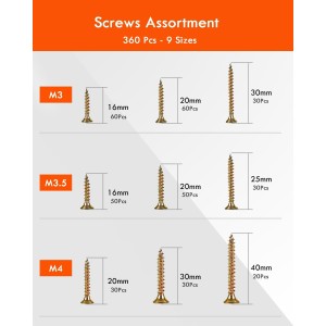 Lot de 360 vis à bois auto-taraudeuses à tête fraisée