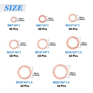 Assortiment de 165 rondelles plates en cuivre – 8 tailles