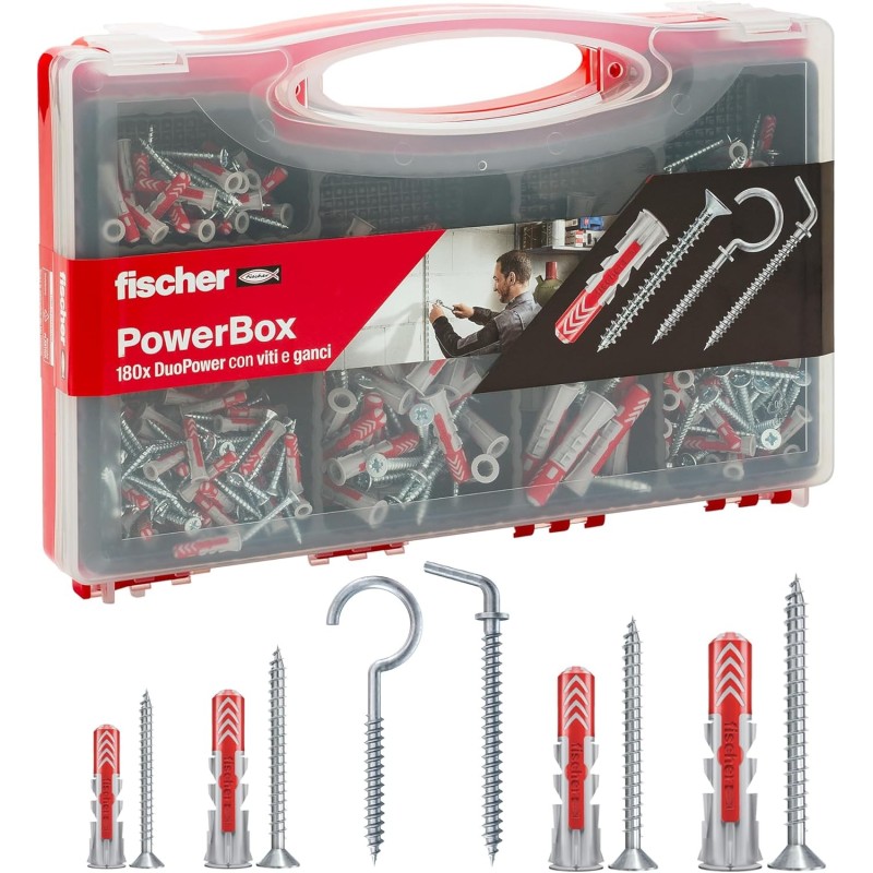 Lot de 180 chevilles DuoPower avec vis et crochets pour mur plein, perforé et cloison sèche Lot de 180 chevilles DuoPower avec vis et crochets pour mur plein, perforé et cloison sèche