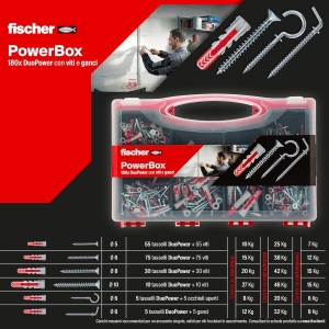 Lot de 180 chevilles DuoPower avec vis et crochets pour mur plein, perforé et cloison sèche Lot de 180 chevilles DuoPower avec vis et crochets pour mur plein, perforé et cloison sèche