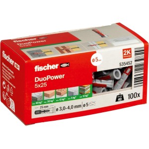 Cheville 5x25 bi-matière et multi-matériaux DUOPOWER - Boîte de 100