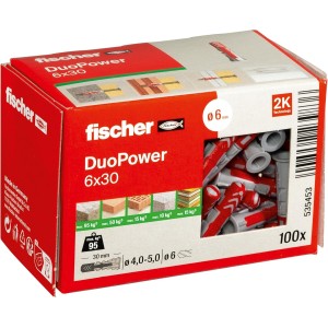 Cheville 6x30 bi-matière et multi-matériaux DUOPOWER - Boîte de 100