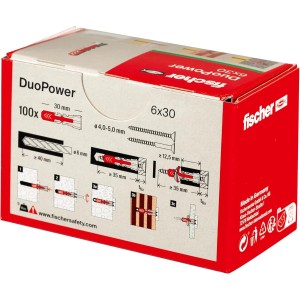 Cheville 6x30 bi-matière et multi-matériaux DUOPOWER - Boîte de 100