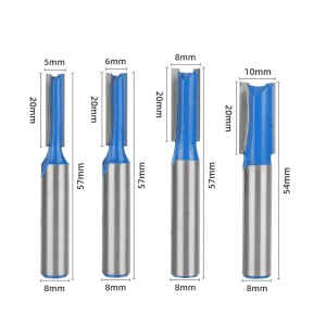 Lot de 8 fraises droites à tige de 8 mm - Double cannelure