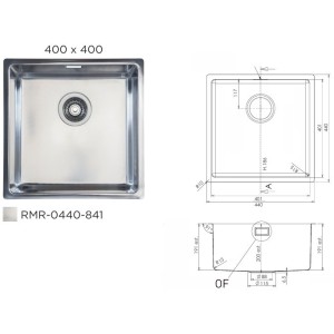 Cuve 400x400x200mm inox R15 polie - Trou 115/88 - Accessoires inclus