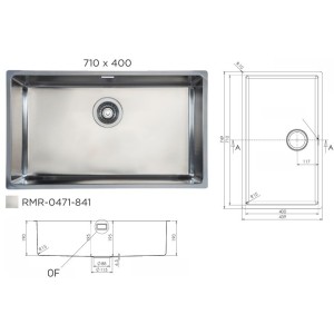 Cuve 710x400x195mm inox R15 polie - Trou 115/88 - Accessoires inclus
