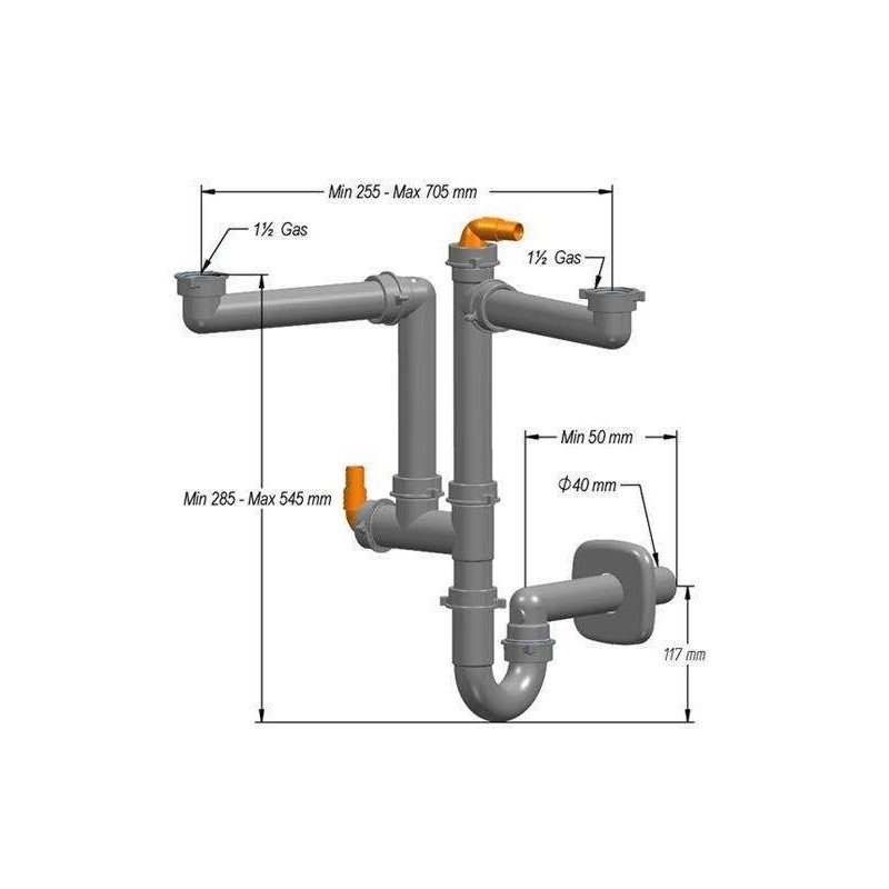 Siphon standard pour 2 cuves maxi 705mm - 2 raccords lave-vaisselle