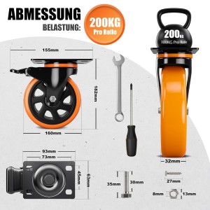 4 roulettes pour charges lourdes 160mm avec freins