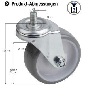 Roulette pivotante 75 mm – Avec vis – Roue en polyuréthane