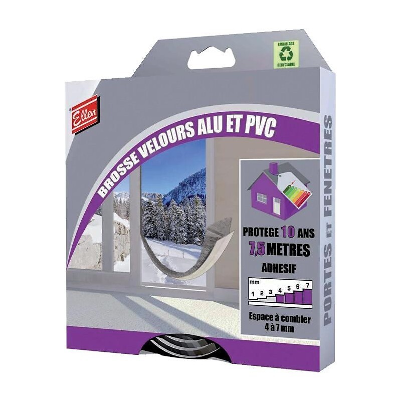Brosse velours adhésive pour menuiseries PVC et ALU espace 4-7 mm en rouleau de 7.5 ml - ELLEN