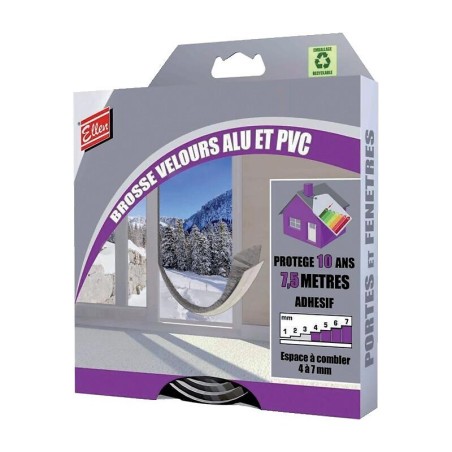 Brosse velours adhésive pour menuiseries PVC et ALU espace 4-7 mm en rouleau de 7.5 ml - ELLEN