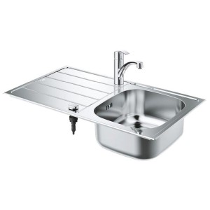 Evier inox 850x500 complet avec 1 cuve 1 égouttoir et mitigeur