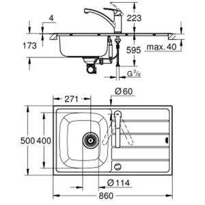 Evier inox 850x500 complet avec 1 cuve 1 égouttoir et mitigeur