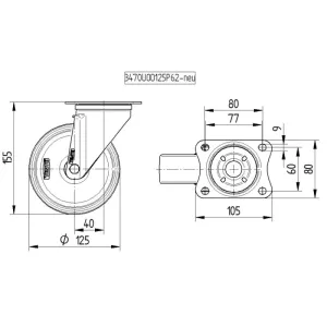Roulette pivotante 125 mm acier avec platine 200 kg - Tente