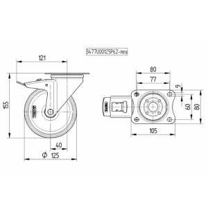 Roulette pivotante à frein 125mm en acier et polyamide - 250 kg