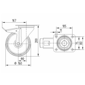 Roulette pivotante à frein 200mm en acier et polyamide