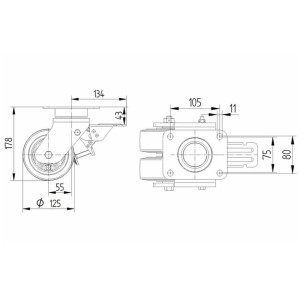 Roulette pivotante 125 mm à frein jumelée en acier et polyuréthane