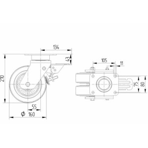 Roulette pivotante 160 mm à frein jumelée en acier et polyuréthane - 750 kg