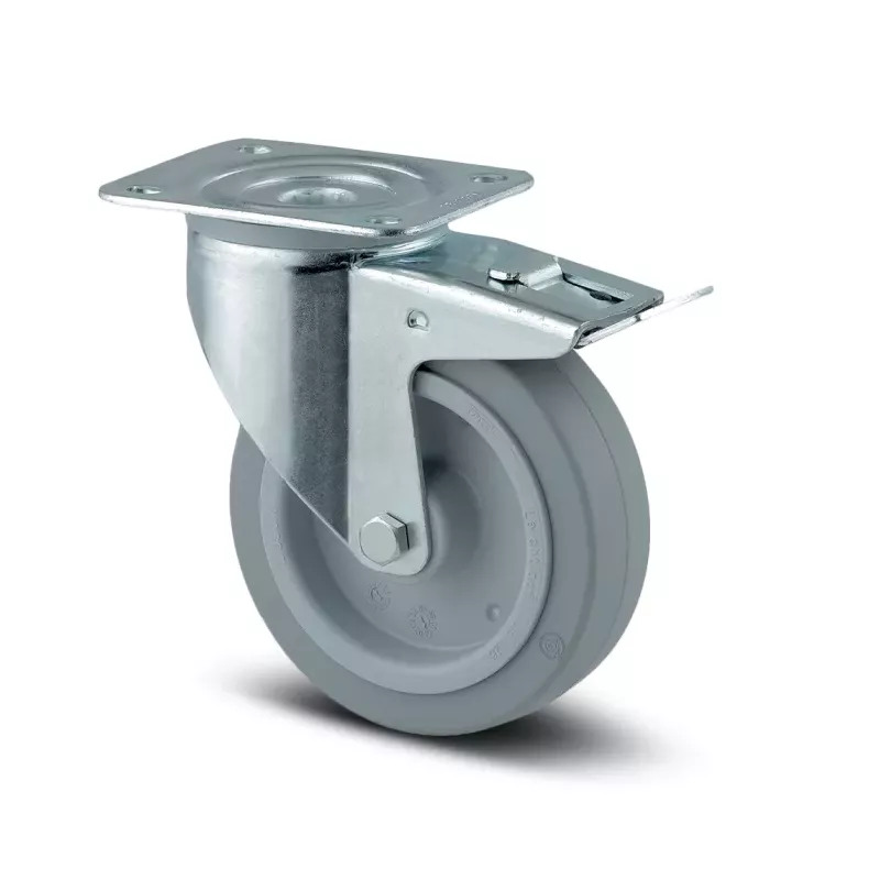 Roulette pivotante 200mm avec frein bandage caoutchouc gris
