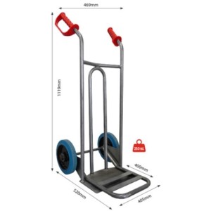 Diable acier avec tablier incurvé, poignées de garde, pelle fixe et bavette rabattable 250 kg