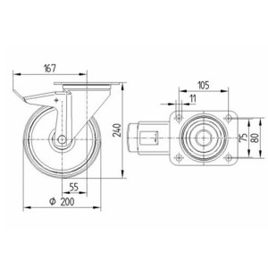 Roulette pivotante 200mm avec frein bandage caoutchouc gris