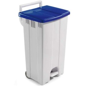 Poubelle 90 litres couvercle couleur avec pédale et 2 roues bleu