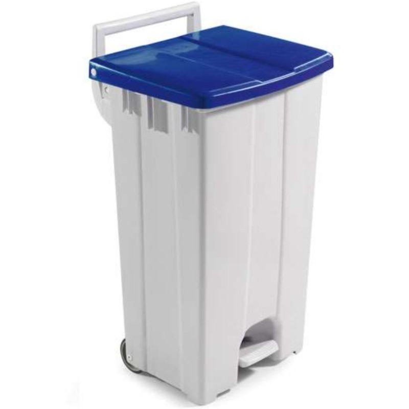 Poubelle 90 litres couvercle couleur avec pédale et 2 roues bleu