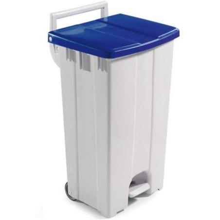 Poubelle 90 litres couvercle couleur avec pédale et 2 roues bleu