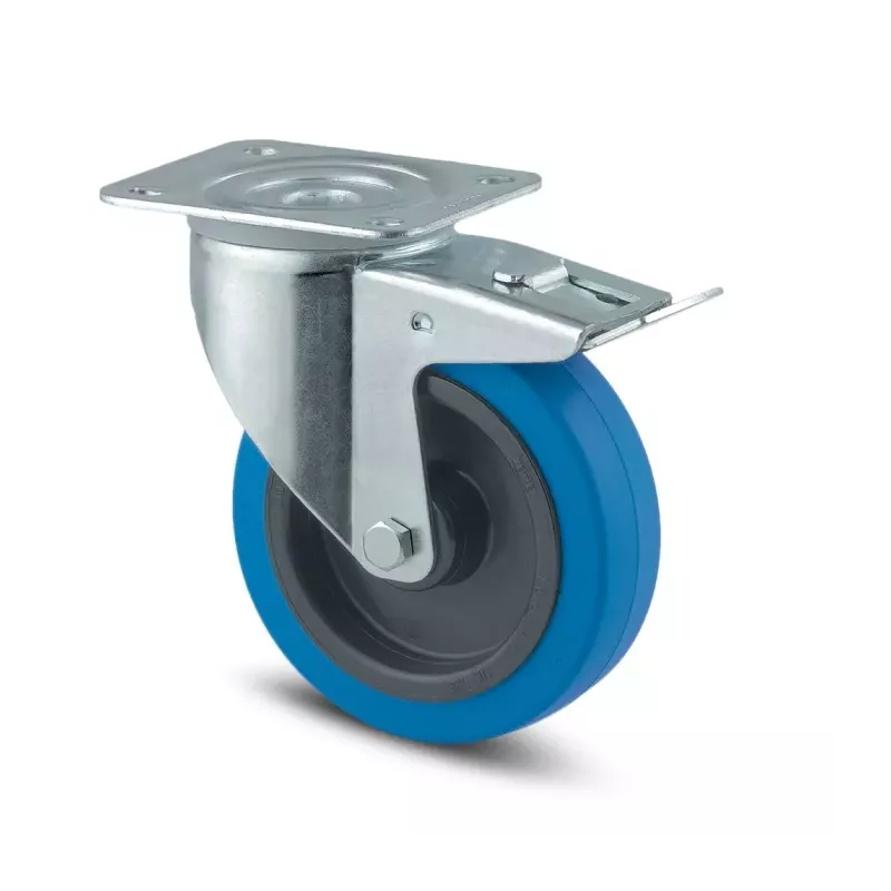 Roulette pivotante à frein 100mm en acier et caoutchouc bleu - 160kg