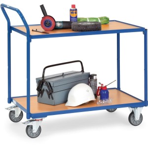 Servante 300 kg avec 2 plateaux en mélaminé et barre de poussée verticale - Fetra
