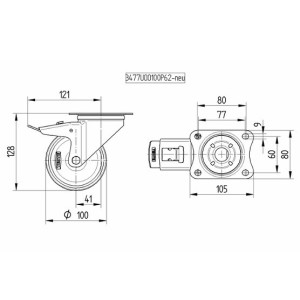 Roulette pivotante 100mm - 150 Kg avec frein bandage polyuréthane rouge - Tente