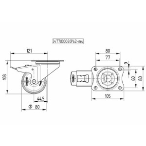 Roulette pivotante 80mm - 150 Kg avec frein bandage polyuréthane rouge - Tente