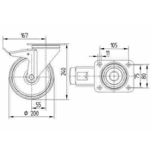 Roulette pivotante 200mm - 350kg - Bandage polyuréthane - Tente