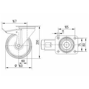 Roulette pivotante 160mm - 350kg - Bandage polyuréthane - Tente