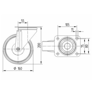 Roulette pivotante 160mm en acier et polyamide avec platine - Tente