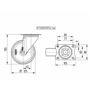 Roulette pivotante 125mm en acier et polyamide avec platine - Tente