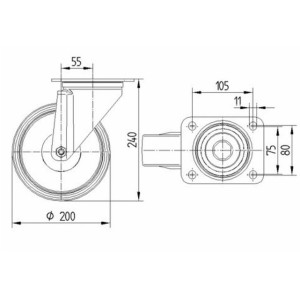Roulette 400kg  pivotante 200mm en acier et caoutchouc gris avec platine - TENTE