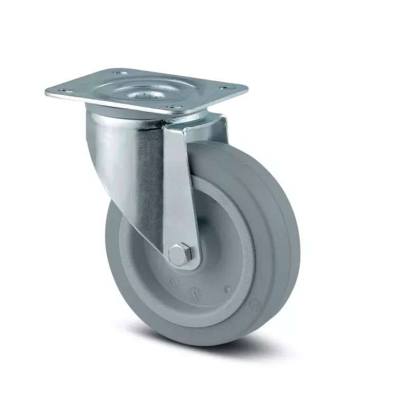 Roulette pivotante 160mm en acier et caoutchouc gris avec platine - TENTE