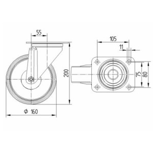 Roulette pivotante 160mm en acier et caoutchouc gris avec platine - TENTE