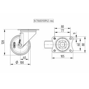 Roulette pivotante 100mm en acier et polyuréthane avec platine 250kg - TENTE