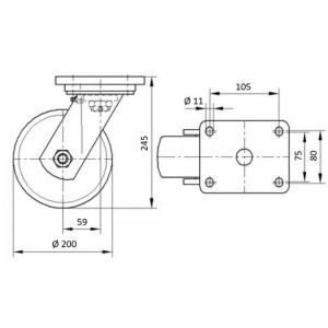 Roulette pivotante 200mm en acier 1000kg Mécano-soudé et polyuréthane avec platine - TENTE