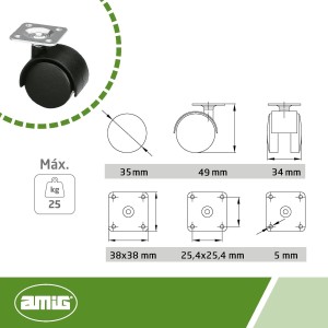 Lot de 4 roulettes 35 mm pour Meubles