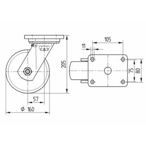 Roulette pivotante 160mm 750 kg en acier mécano-soudé et polyuréthane avec platine - TENTE