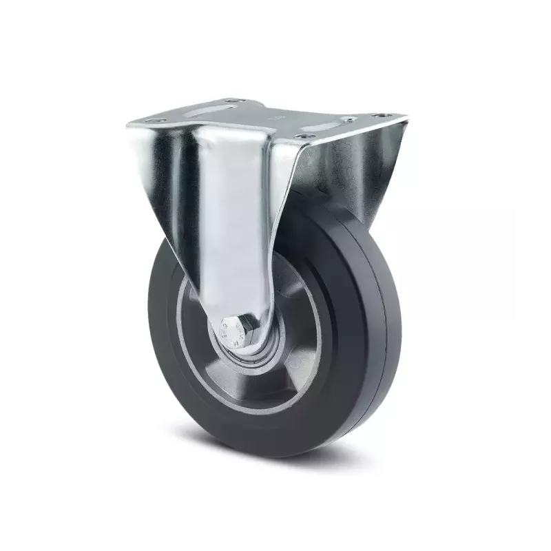 Roulette fixe 160mm en acier et caoutchouc élastique noir avec platine - TENTE