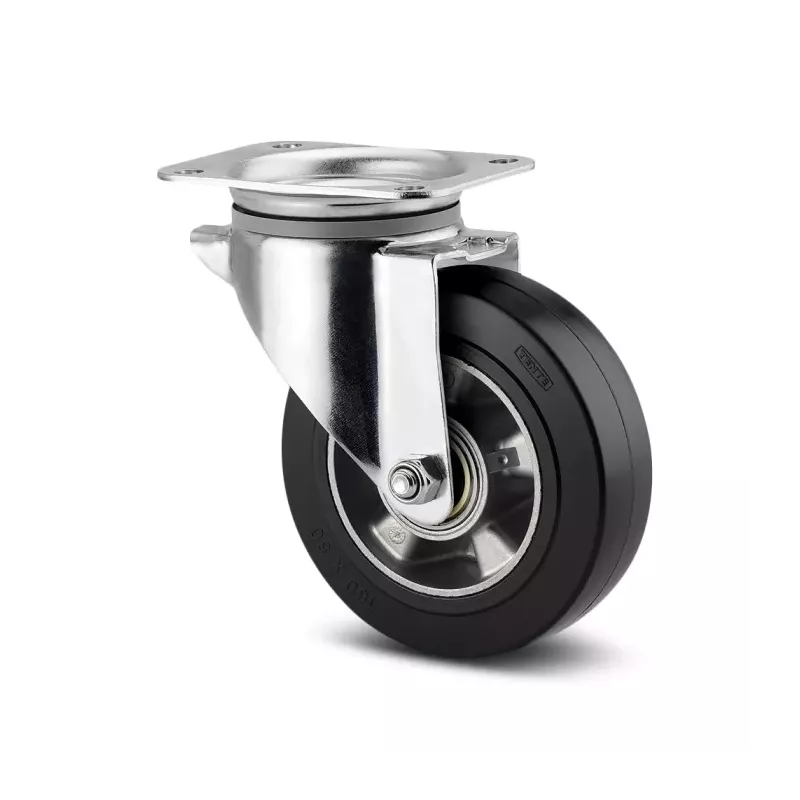 Roulette pivotante 200mm en acier et caoutchouc élastique noir avec platine - TENTE
