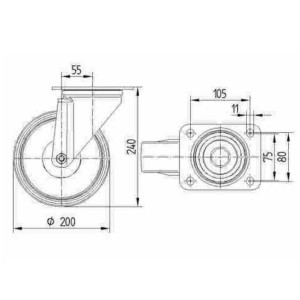 Roulette pivotante 200mm en acier et caoutchouc élastique noir avec platine - TENTE