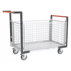 Chariots modulaires grillagé 2 dossiers + 2 ridelles avec plateau bois 250 kg