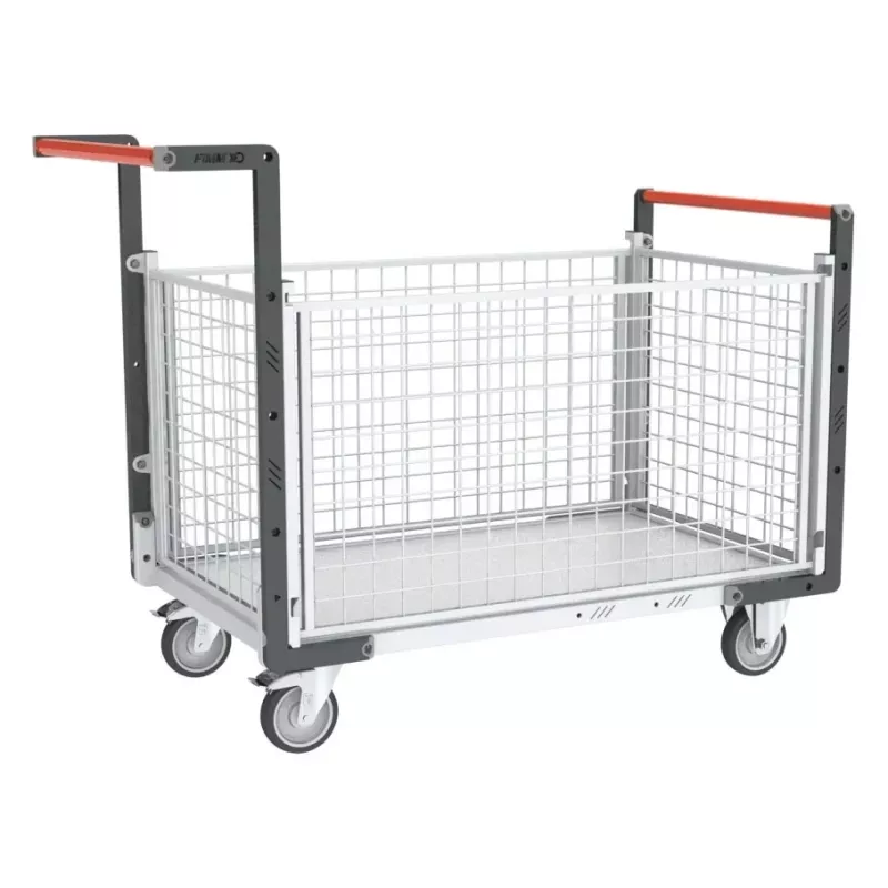 Chariots modulaires grillagé 2 dossiers + 2 ridelles avec plateau bois 250 kg